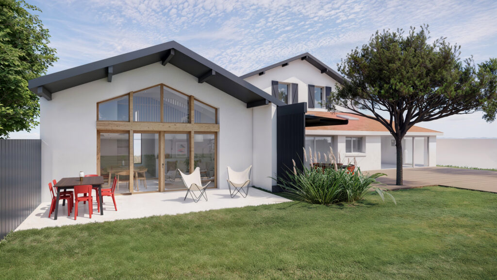 Dépendance moderne maison avec terrasse et grandes baies vitrées en bois